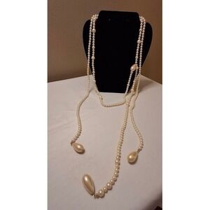 Vintage Long Faux Pearl Lariat Necklace Multi Strand Teardrop Cream White Gold
